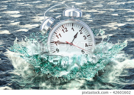 Alarm clock drowning in the sea, 3D rendering Alarm clock drowning in the sea, 3D rendering 42601602