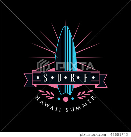 Surf, Hawaii summer logo template, design element can be used for surfing club, shop, t shirt print Surf, Hawaii summer logo template, design element can be used for surfing club, shop, t shirt print 42601743