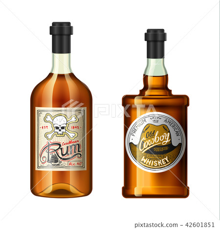 Alcohol drinks in a bottle with different vintage labels. Realistic Whiskey Rum. Vector illustration Alcohol drinks in a bottle with different vintage labels. Realistic Whiskey Rum. Vector illustration 42601851