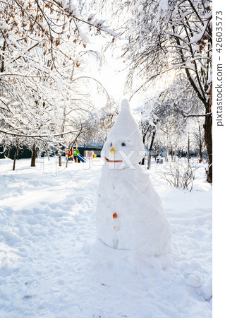 snowman in public garden in winter day 42603573