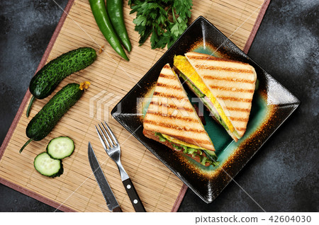 Top view of Sandwich toast with lettuce, ham, egg 42604030