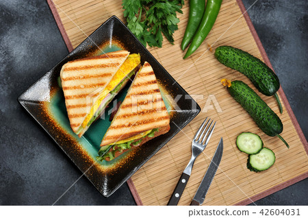 Top view of Sandwich toast with lettuce, ham, egg 42604031