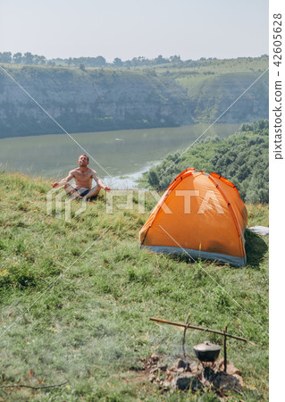 overnight tent wild dawn river beautiful scenery overnight tent wild dawn river beautiful scenery 42605628