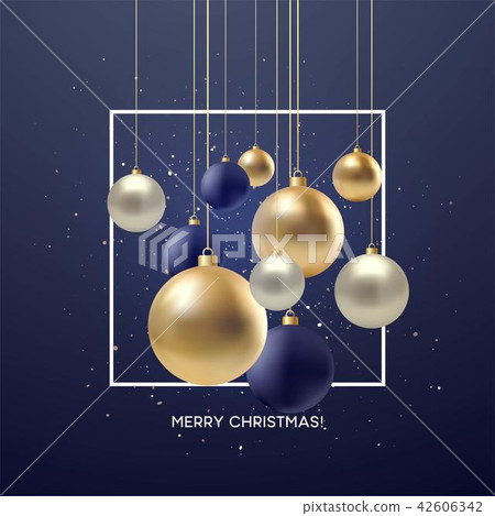 Christmas greeting card, design of xmas black, silvr, gold bauble with golden glitter confetti 42606342