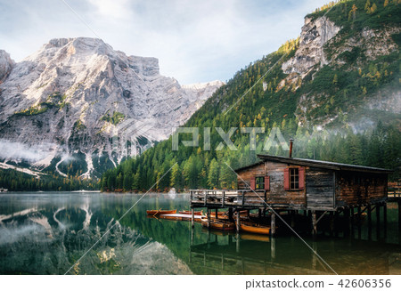 Panoramic view of Braies Lake in Dolomites, Italy 42606356