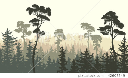 Illustration of green brown coniferous forest. 42607549