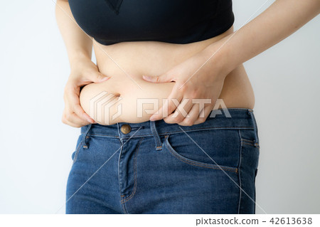 Fat woman pinching belly fat (diet, postpartum, body shape) Fat woman pinching belly fat (diet, postpartum, body shape) 42613638