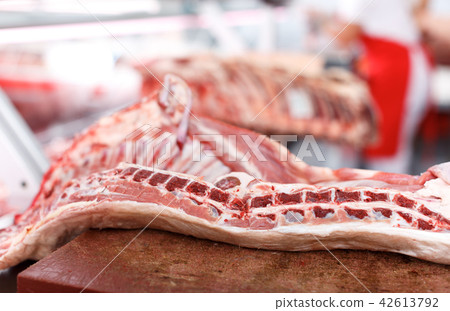 Meat prepared for sale in shop Meat prepared for sale in shop 42613792