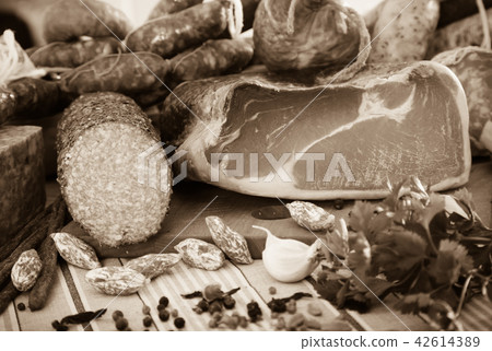 Variety of meats on table Variety of meats on table 42614389
