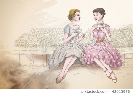 Retro women having tea together Retro women having tea together 42615976