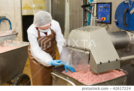 Woman checking meat mincing machine Woman checking meat mincing machine 42617224