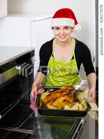 housewife in Santa hat baking festive capon housewife in Santa hat baking festive capon 42617876