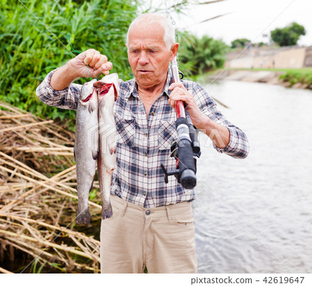 Mature fisherman examining catch 42619647