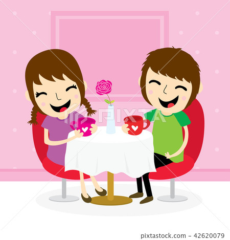 Boy girl sweetheart meeting at shop cute cartoon 42620079