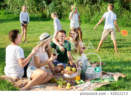 Women and men on picnic in summer park with happy children playing behind 42622213