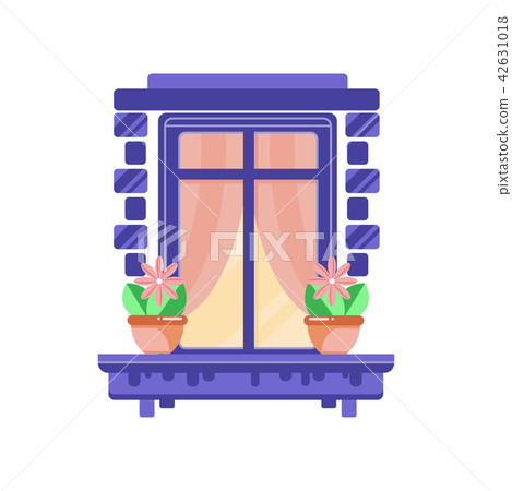 Retro blue window frame with plants in ceramic pots, architectural design element vector Retro blue window frame with plants in ceramic pots, architectural design element vector 42631018
