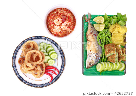 Fresh shrimp chili dip served with side dish. Fresh shrimp chili dip served with side dish. 42632757