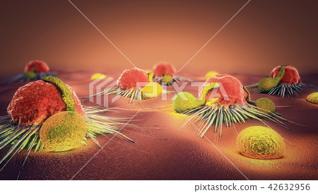 3d illustration of a cancer cell and lymphocytes 42632956