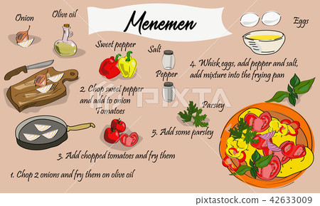 Step by step recipe of menemen. Turkish cuisine. Step by step recipe of menemen. Turkish cuisine. 42633009
