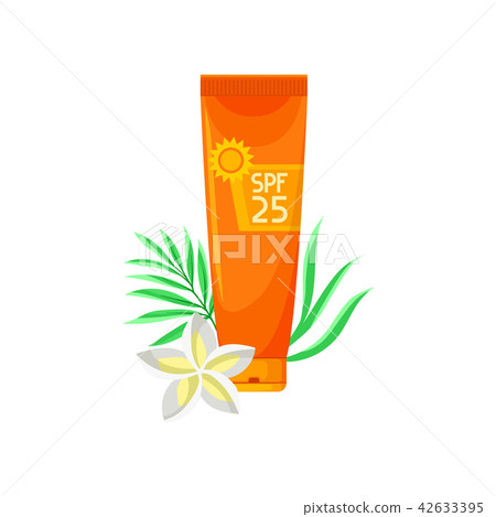 Orange tube of sunscreen cream, beautiful flower and green herb. Lotion with SPF for skin protection 42633395