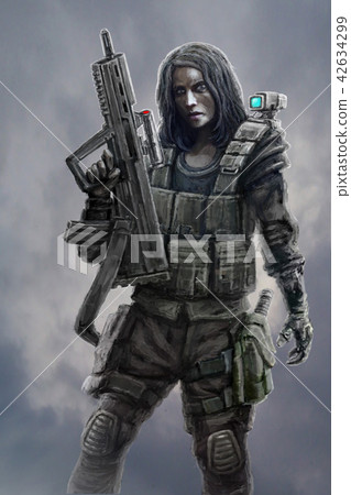 Girl warrior with assault rifle. 42634299