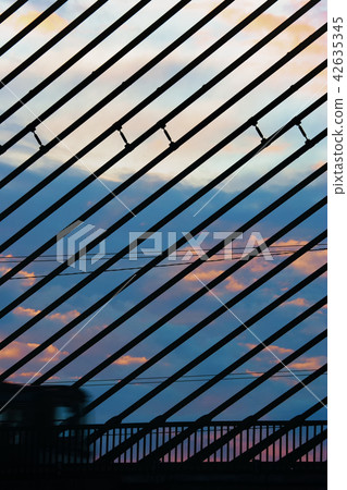 Strings of cable-stayed bridge at sunset 42635345