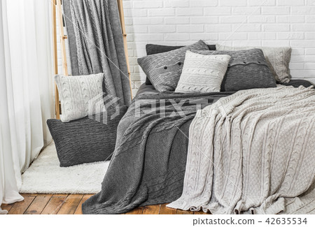 bedroom gray white tones knitted plaid pillow bed bedroom gray white tones knitted plaid pillow bed 42635534
