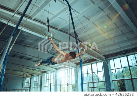 The sportsman during difficult exercise, sports gymnastics The sportsman during difficult exercise, sports gymnastics 42636258