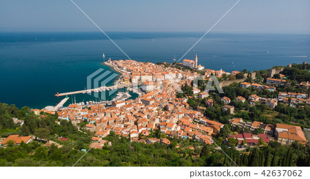 Aerial view of old town Piran, Slovenia, Europe. Summer vacations tourism concept background. Aerial view of old town Piran, Slovenia, Europe. Summer vacations tourism concept background. 42637062