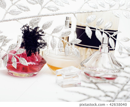 Jewelry table with lot of girl stuff on it, little mess in cosmetic brushes, women interior concept 42638040