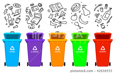 Recycling garbage elements. Bag or containers or cans for different trashes. Sorting and Utilize 42638555