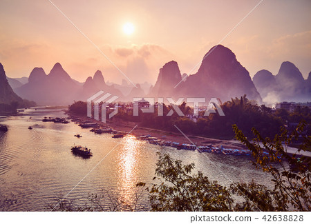 Scenic sunset over Li River in Xingping, China. 42638828