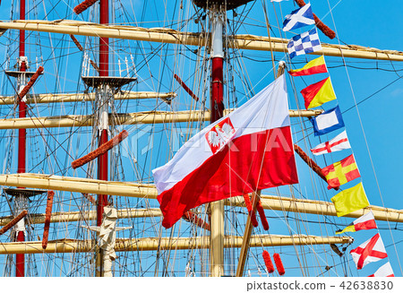 Polish flag on a sailing ship mast 42638830