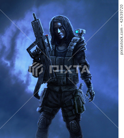 Female character in military uniform with weapon. 42639720