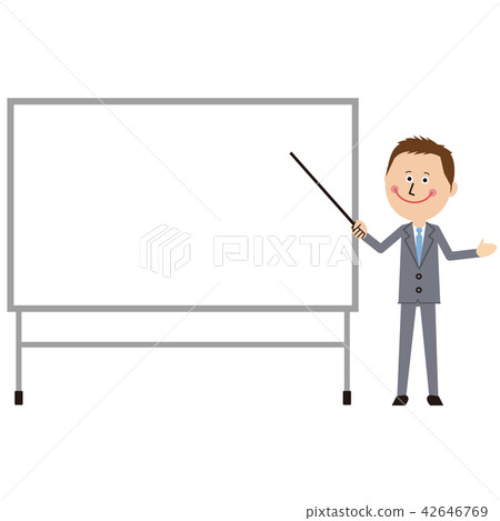 A short haired businessman of a pop gray suit presents a presentation 42646769