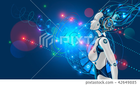 female humanoid robot or cyborg with artificial intelligence sideways. Head of machine is connected 42649885