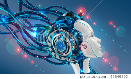 Cybernetic head of robot woman close-up with artificial intelligence connected from cable. Face 42649892