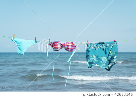 bikini and swimming trunks on a clothes line. bikini and swimming trunks on a clothes line. 42653146