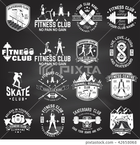 Set of fitness and skate board club concept with girls doing exercise and skateboarder silhouette on 42658068