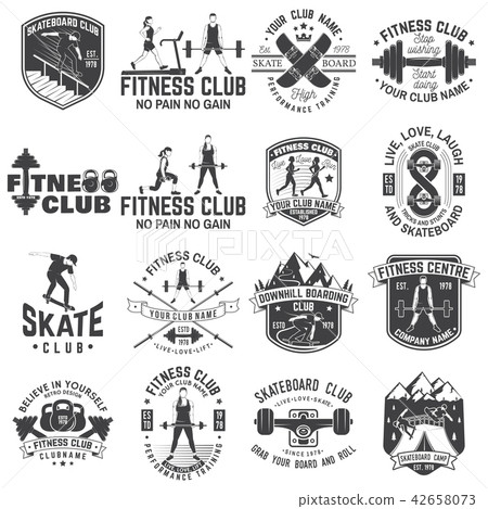 Set of fitness and skate board club concept with girls doing exercise and skateboarder silhouette 42658073