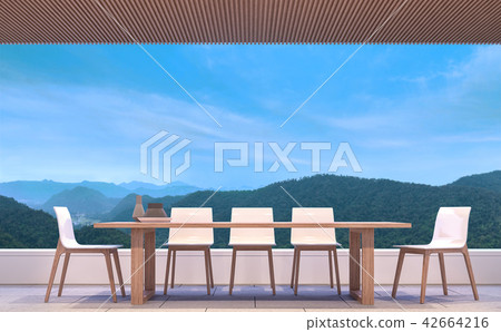 Modern dining room with mountain view 3d render Modern dining room with mountain view 3d render 42664216