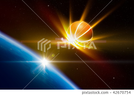 Glowing basketball approaches planet Earth Glowing basketball approaches planet Earth 42670754