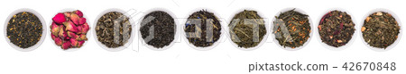 A set of dry herbal and floral tea. Green, black teas isolated on white 42670848