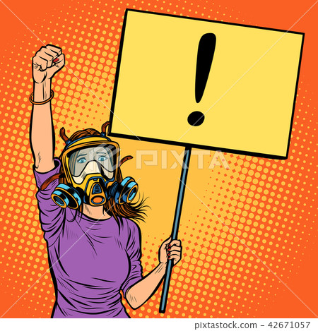 woman in gas mask protesting against polluted air. Environmental woman in gas mask protesting against polluted air. Environmental 42671057