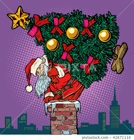 Santa Claus with a Christmas tree climbs the chimney Santa Claus with a Christmas tree climbs the chimney 42671116