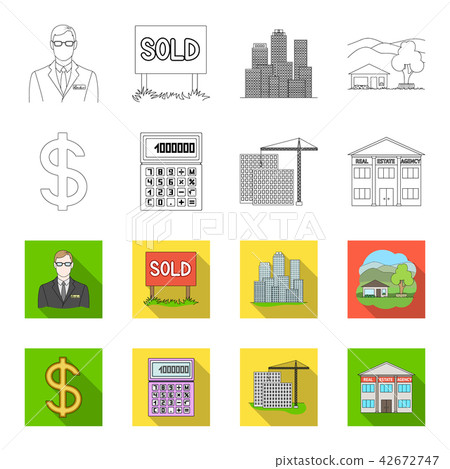 Calculator, dollar sign, new building, real estate offices. Realtor set collection icons in outline 42672747