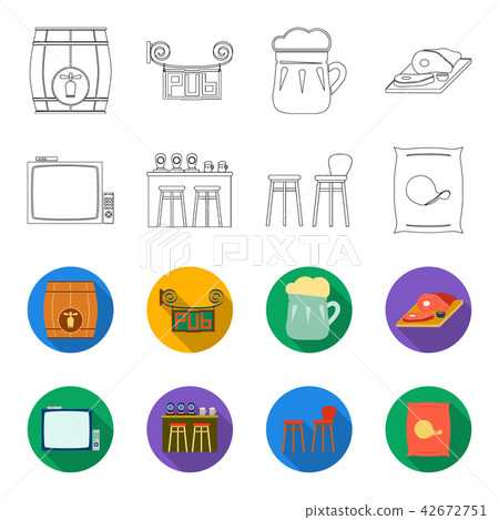 TV, bar counter, chairs and armchairs, potato chips.Pub set collection icons in outline,flet style TV, bar counter, chairs and armchairs, potato chips.Pub set collection icons in outline,flet style 42672751
