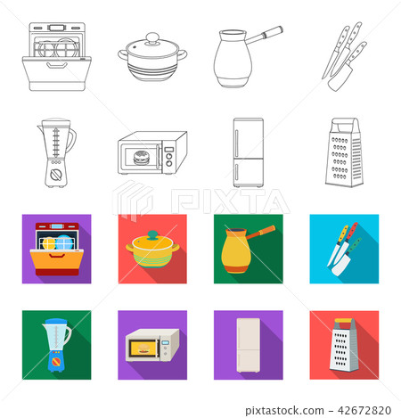 Kitchen equipment outline,flet icons in set collection for design. Kitchen and accessories vector 42672820