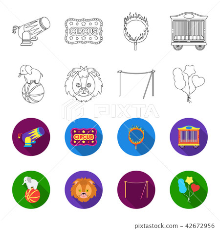 Elephant on the ball, circus lion, crossbeam, balls.Circus set collection icons in outline,flet Elephant on the ball, circus lion, crossbeam, balls.Circus set collection icons in outline,flet 42672956