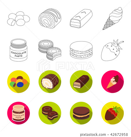 Chocolate pasta, biscuit, strawberry in chocolate, hamburger. Chocolate desserts set collection 42672958